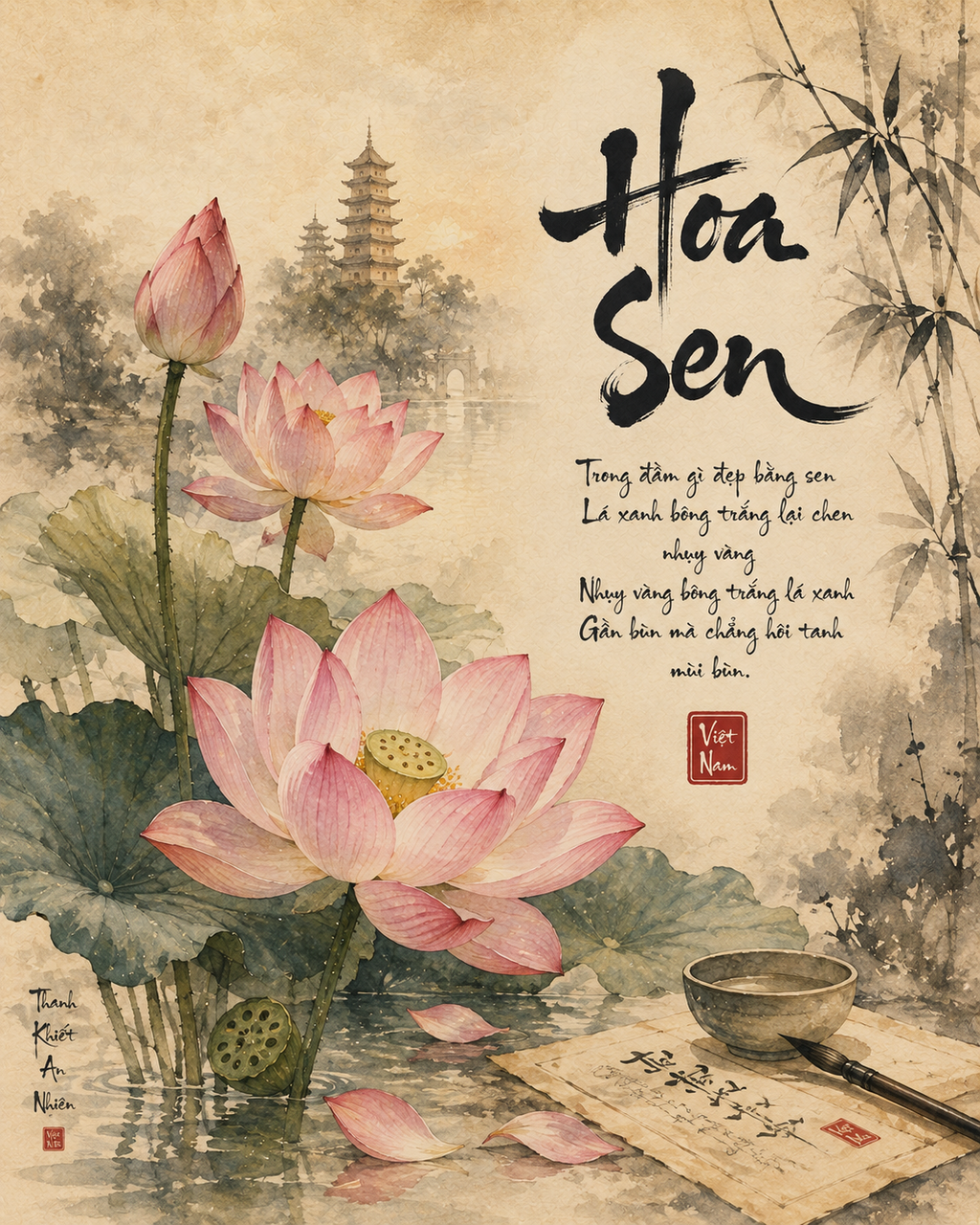 Vietnamese lotus calligraphy zen digital wall art