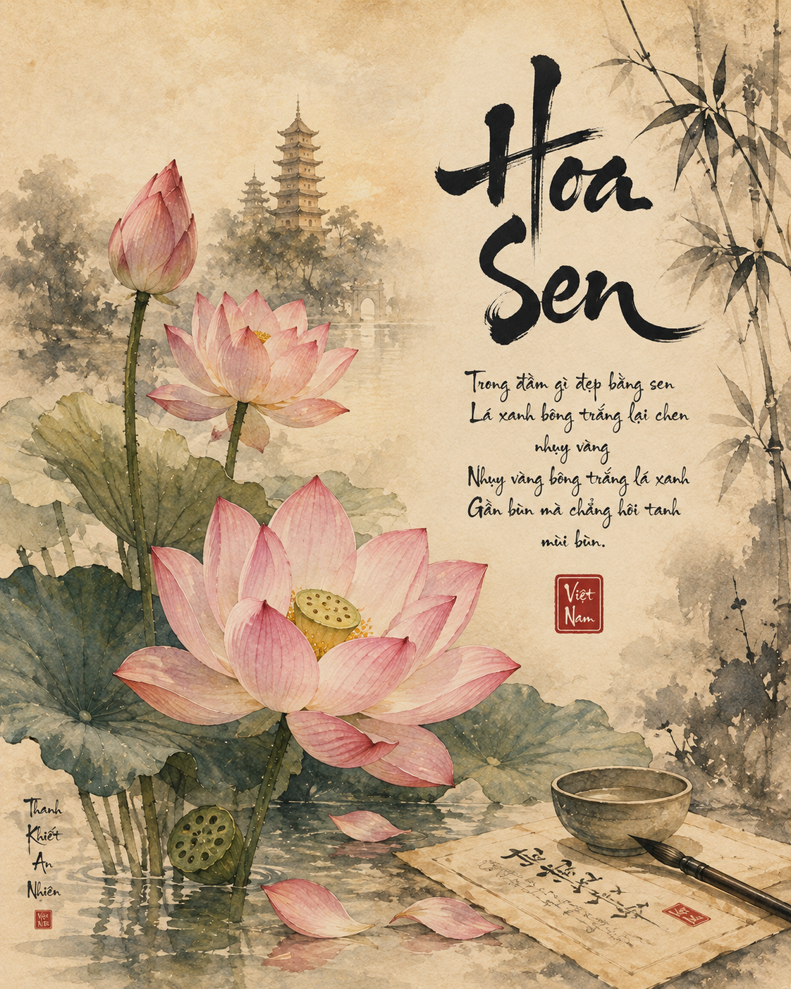 Vietnamese lotus calligraphy zen digital wall art