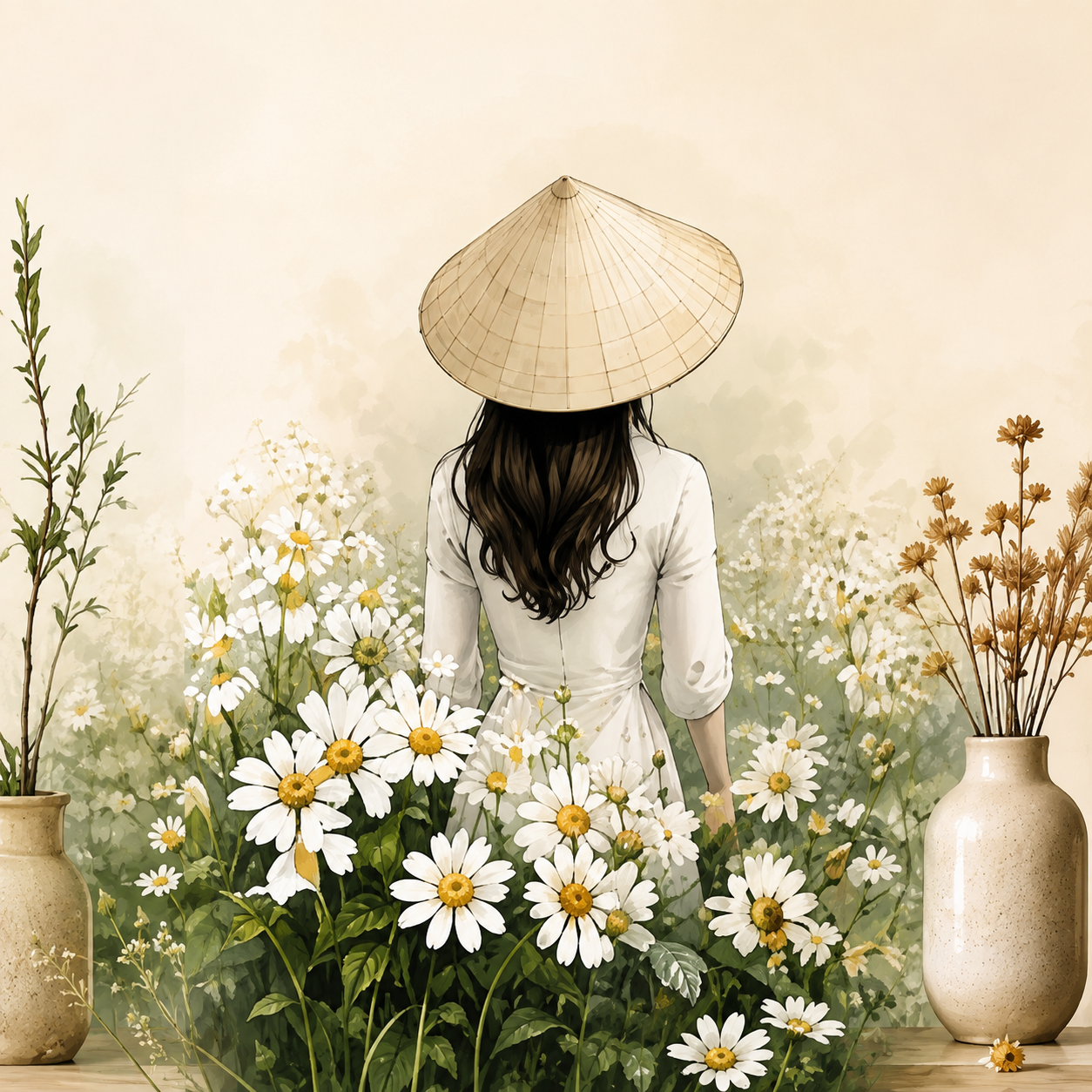 Vietnamese ao dai traditional fashion digital wall art