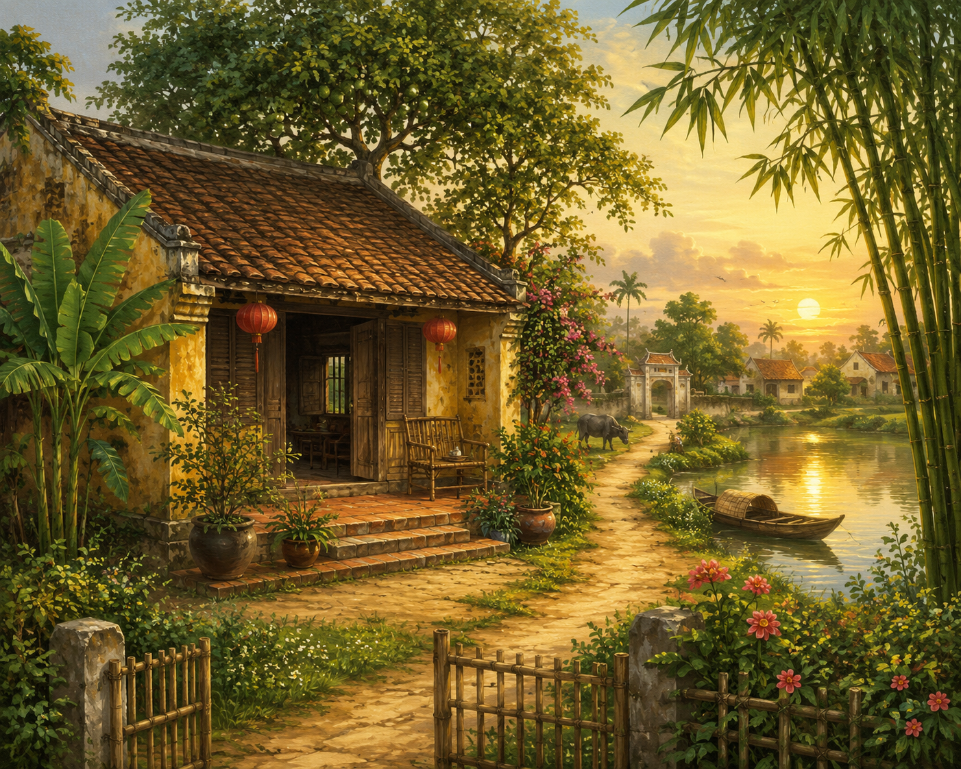 Vietnamese countryside house village landscape digital wall art
