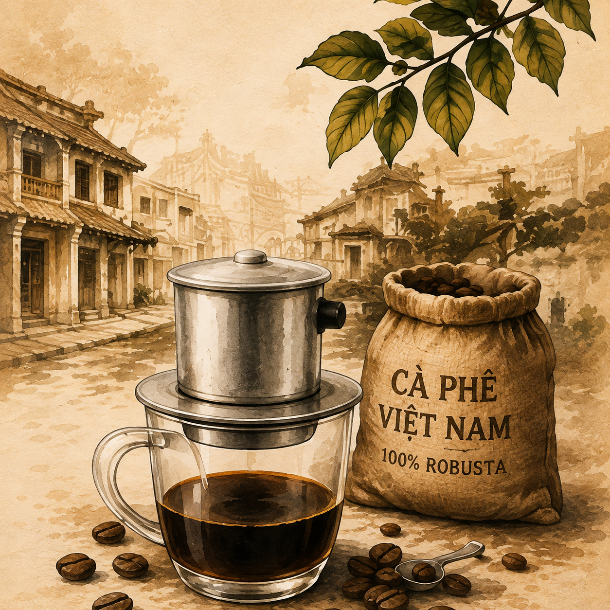Vietnamese coffee culture digital wall art with traditional phin coffee