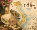 Vietnam heritage collage with map non la lotus and Hoi An lanterns