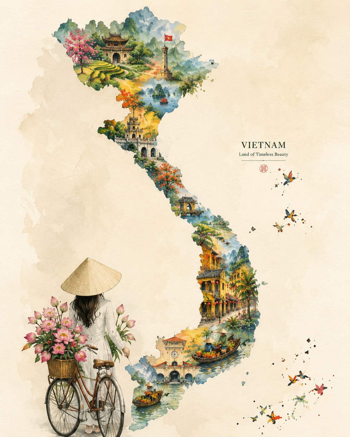 Vietnam map and non la conical hat cultural digital wall art