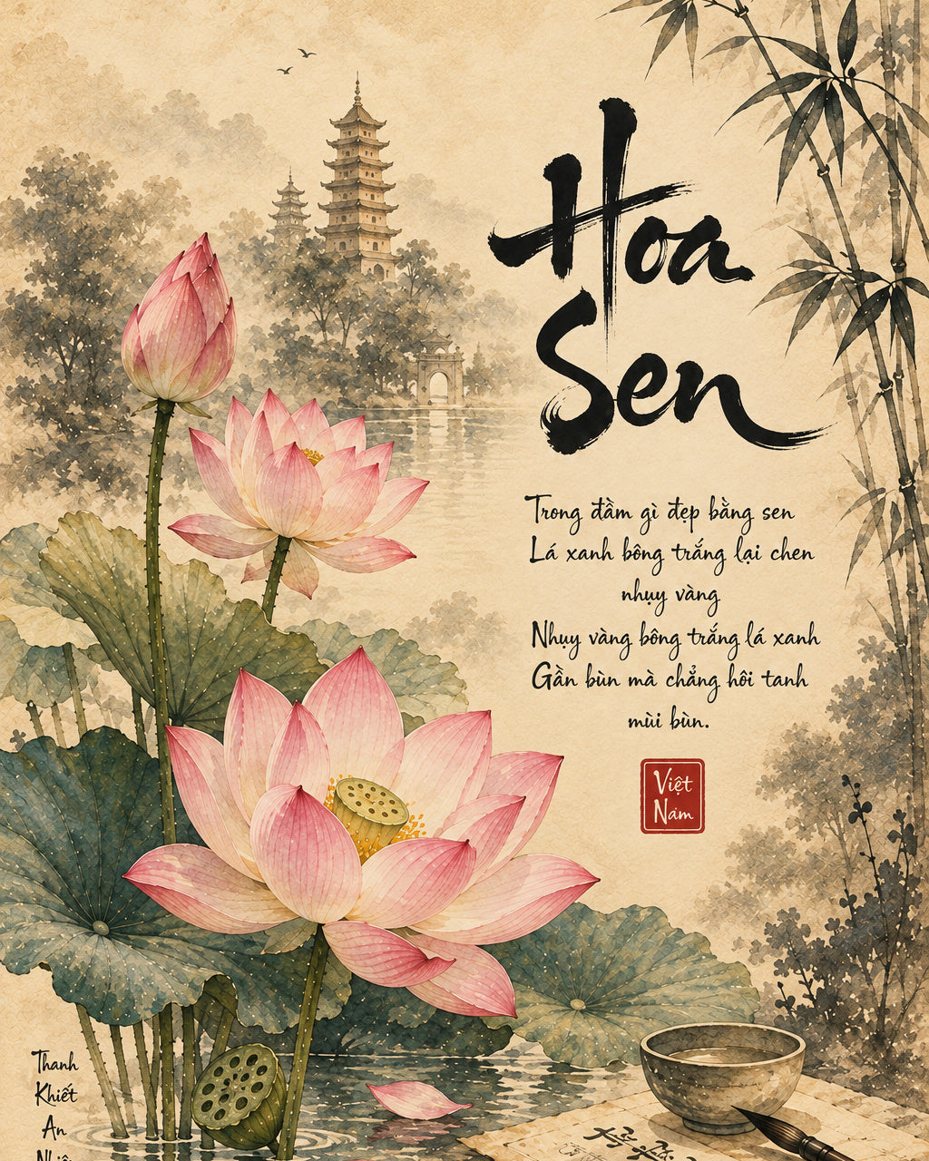 Lotus & Vietnamese Calligraphy – Zen Digital Wall Art
