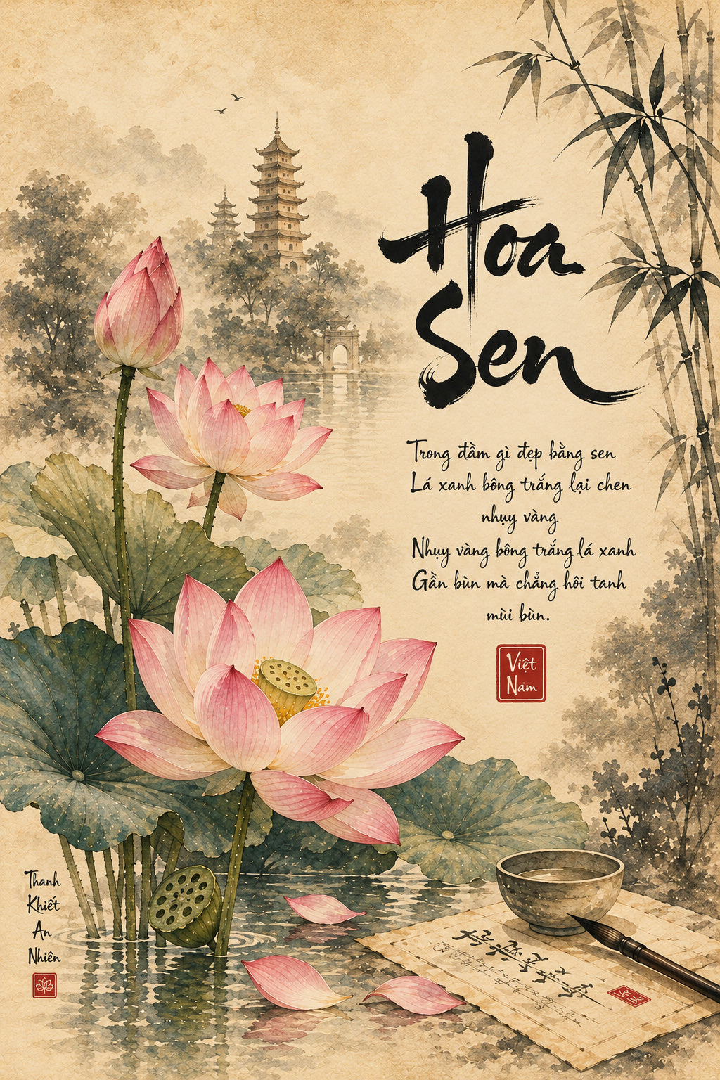 Lotus & Vietnamese Calligraphy – Zen Digital Wall Art