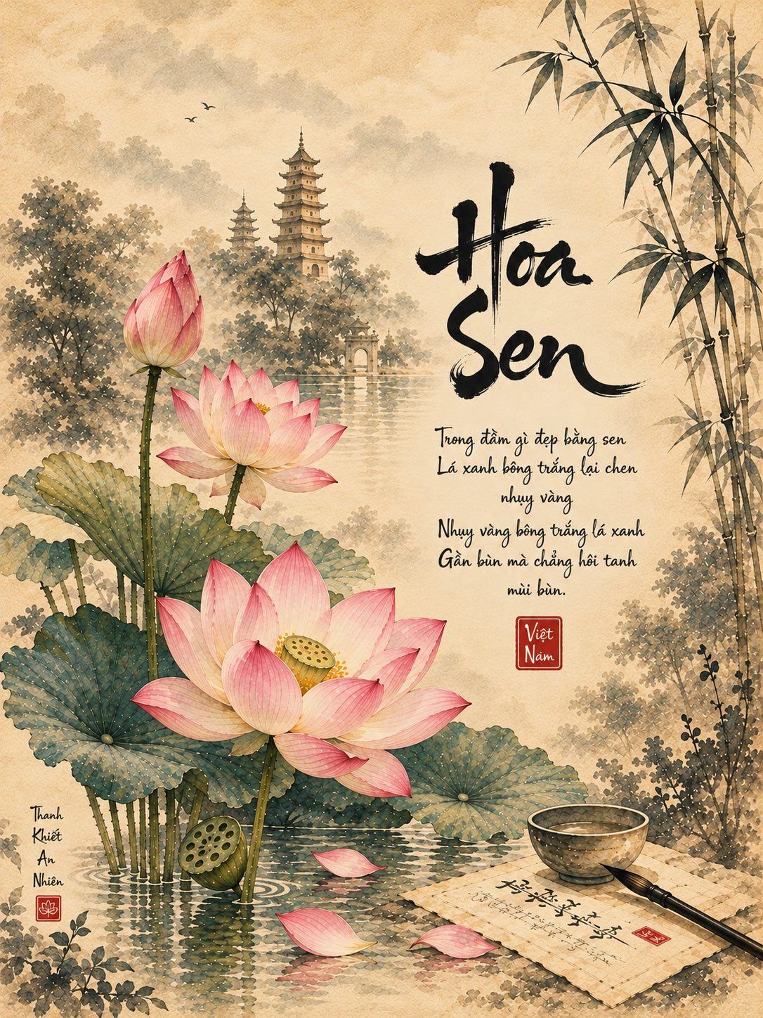 Lotus & Vietnamese Calligraphy – Zen Digital Wall Art