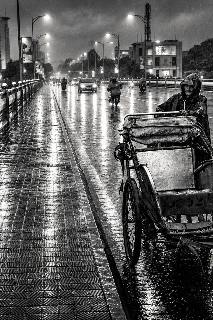 Rainy Night Cyclo Vietnam – Moody Black & White Urban Street Digital Wall Art