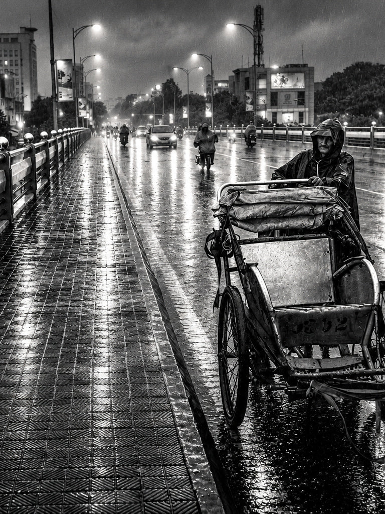 Rainy Night Cyclo Vietnam – Moody Black & White Urban Street Digital Wall Art