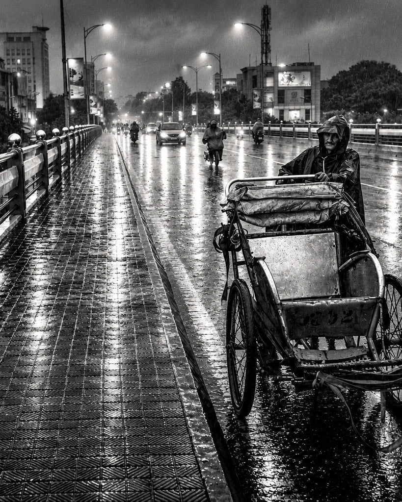 Rainy Night Cyclo Vietnam – Moody Black & White Urban Street Digital Wall Art