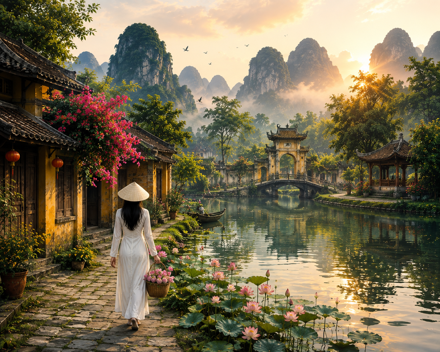Scenic Vietnam countryside landscape digital wall art with river and mountains
