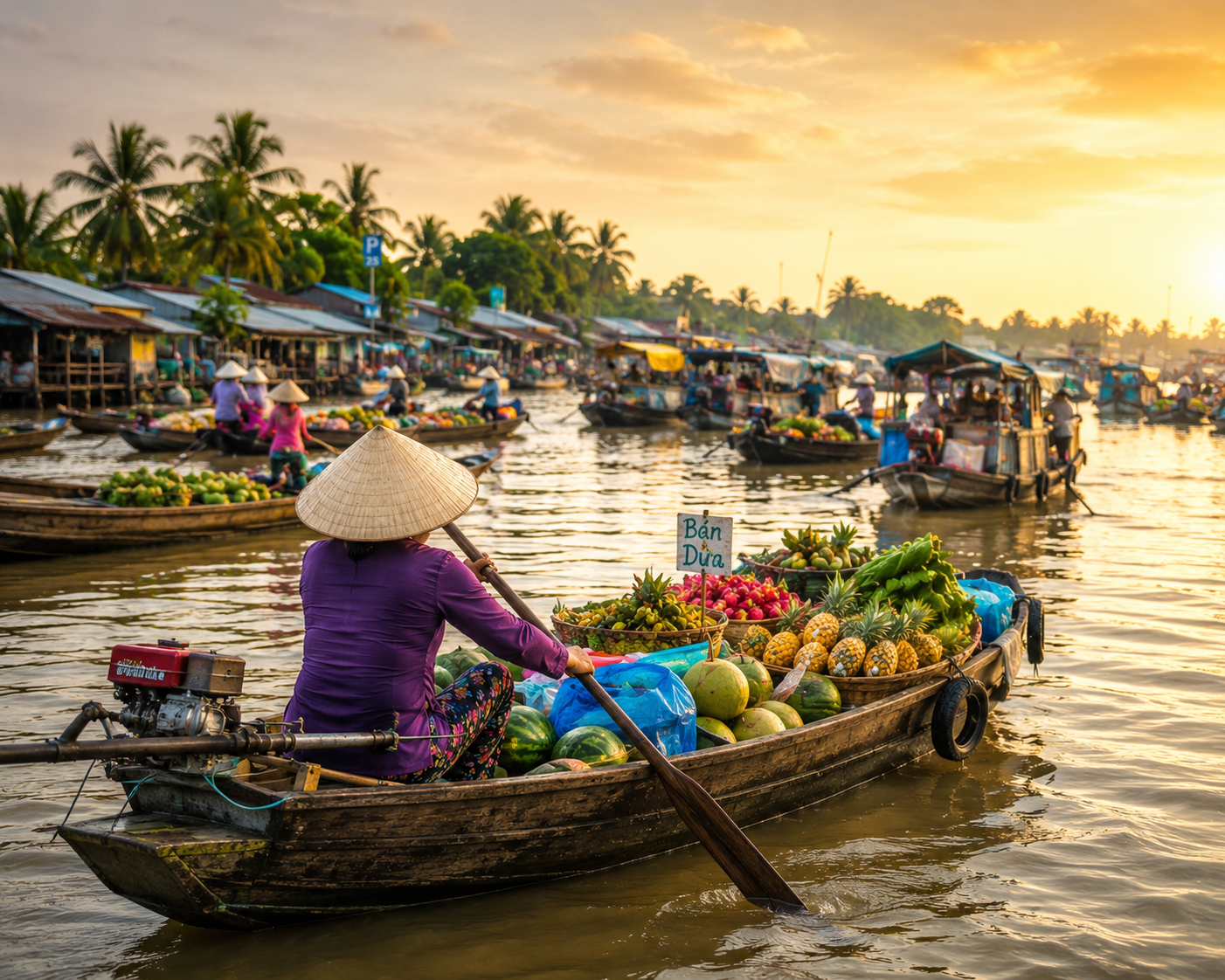 Mekong Delta floating market Vietnam digital wall art with boats