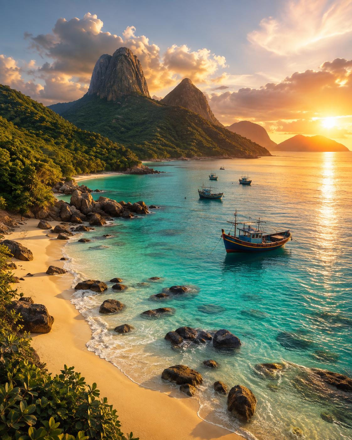 Con Dao island Vietnam tropical beach turquoise sea sunset with wooden fishing boats wall art print