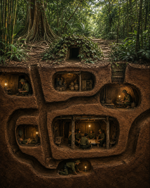 Detailed cross section of Cu Chi tunnels underground network Vietnam historical war art print