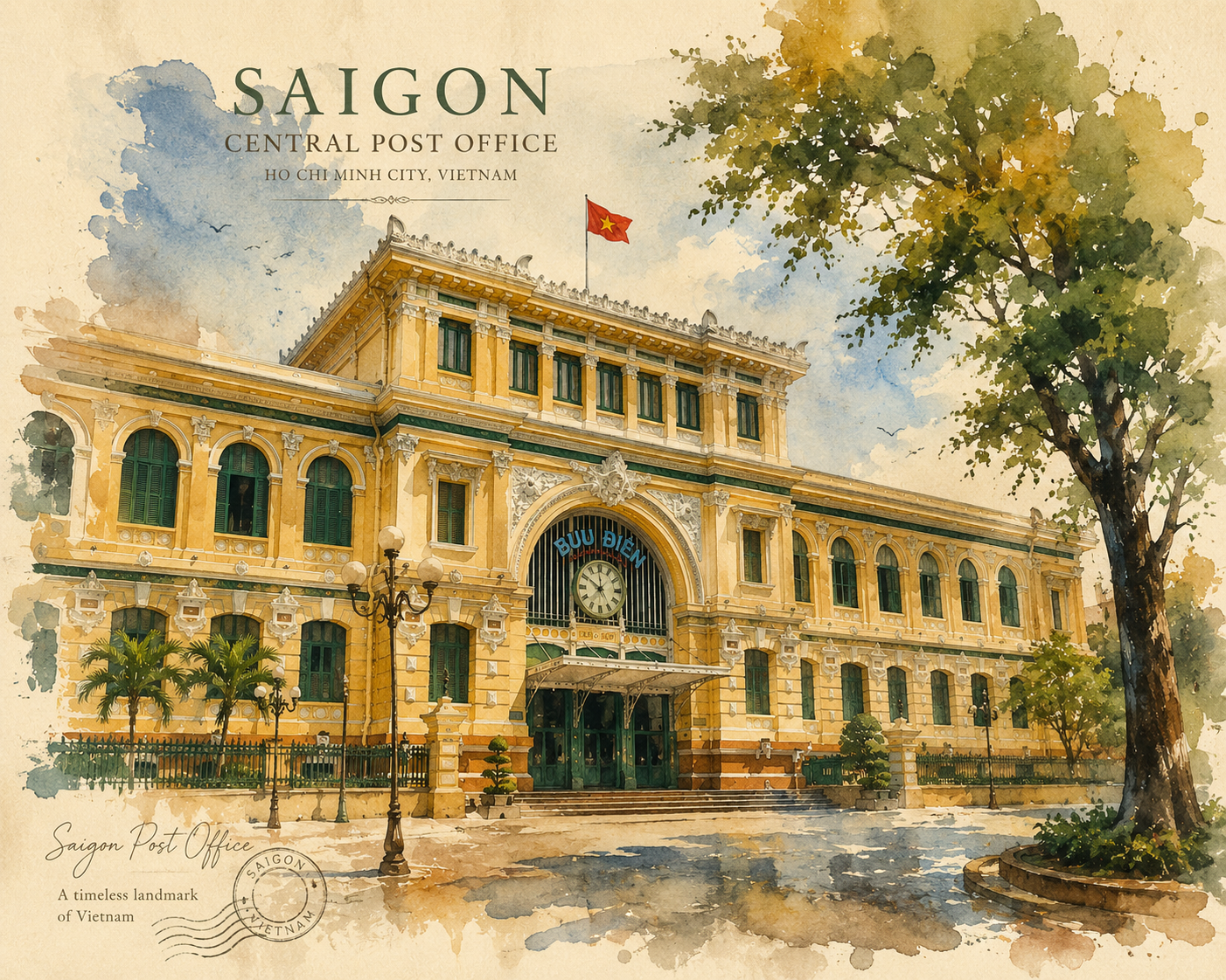 Saigon Central Post Office Vietnam architectural digital wall art