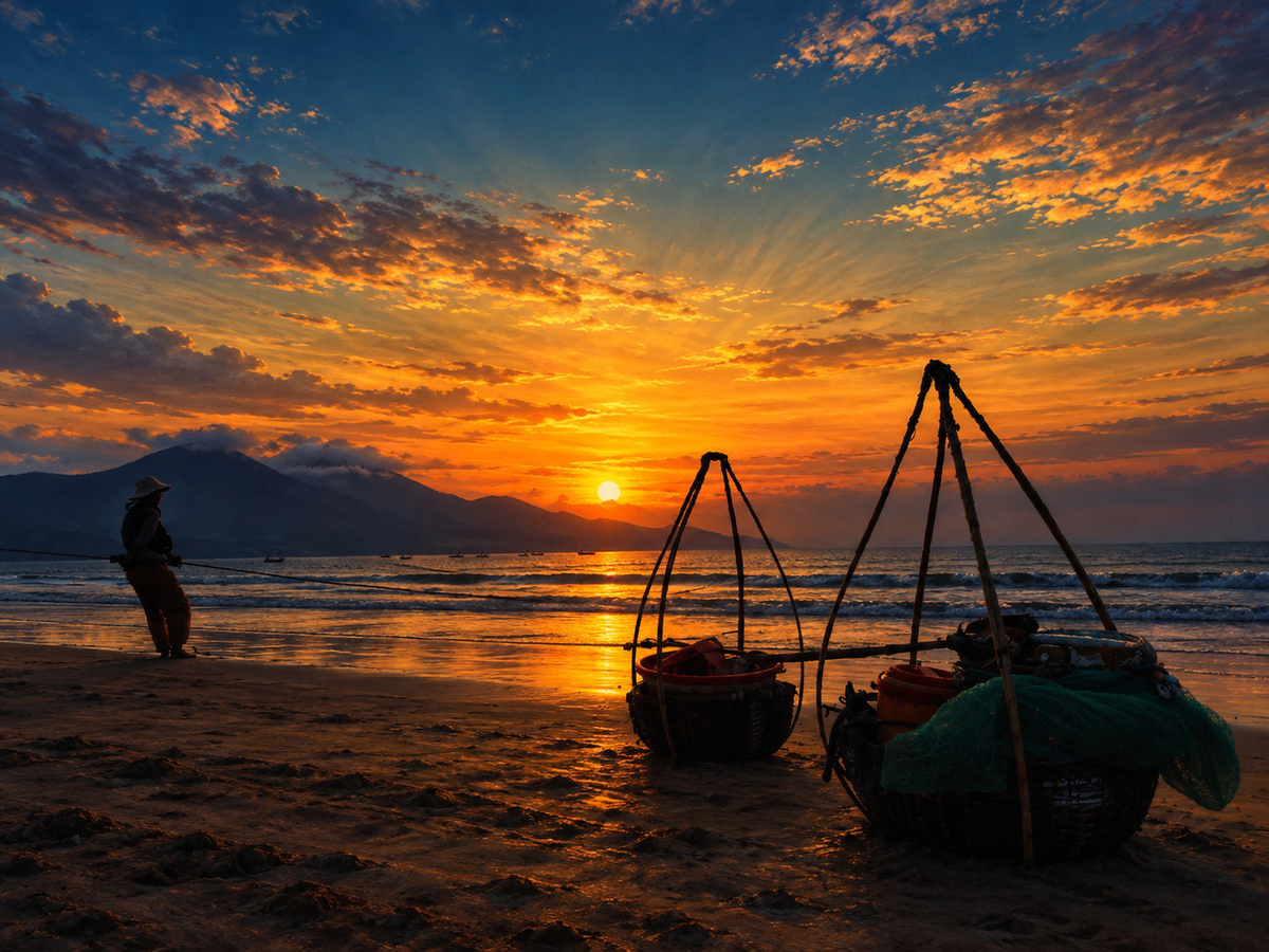 ietnamese fisherman hauling net on beach with traditional basket boat at golden sunrise Da Nang coastal wall art print