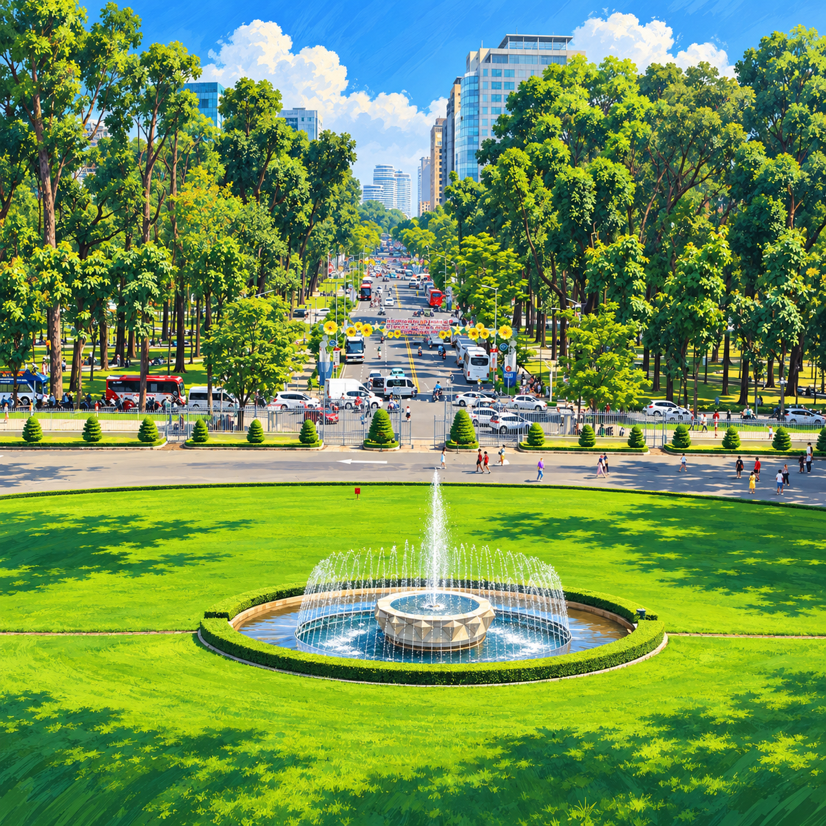 Independence Palace Saigon Vietnam green lawn and fountain anime ghibli aesthetic square digital wall art print