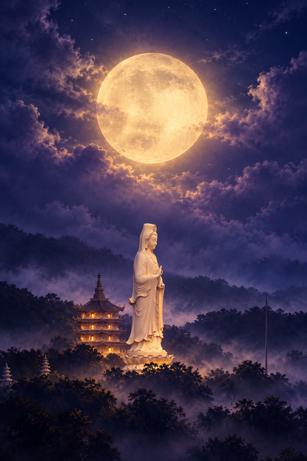 Lady Buddha Guan Yin statue with Linh Ung pagoda under glowing full moon Son Tra Da Nang Vietnam spiritual zen wall art print