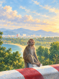 Peaceful wild monkey meditating in sunrise on Son Tra Mountain Da Nang Vietnam coastal view digital wall art print