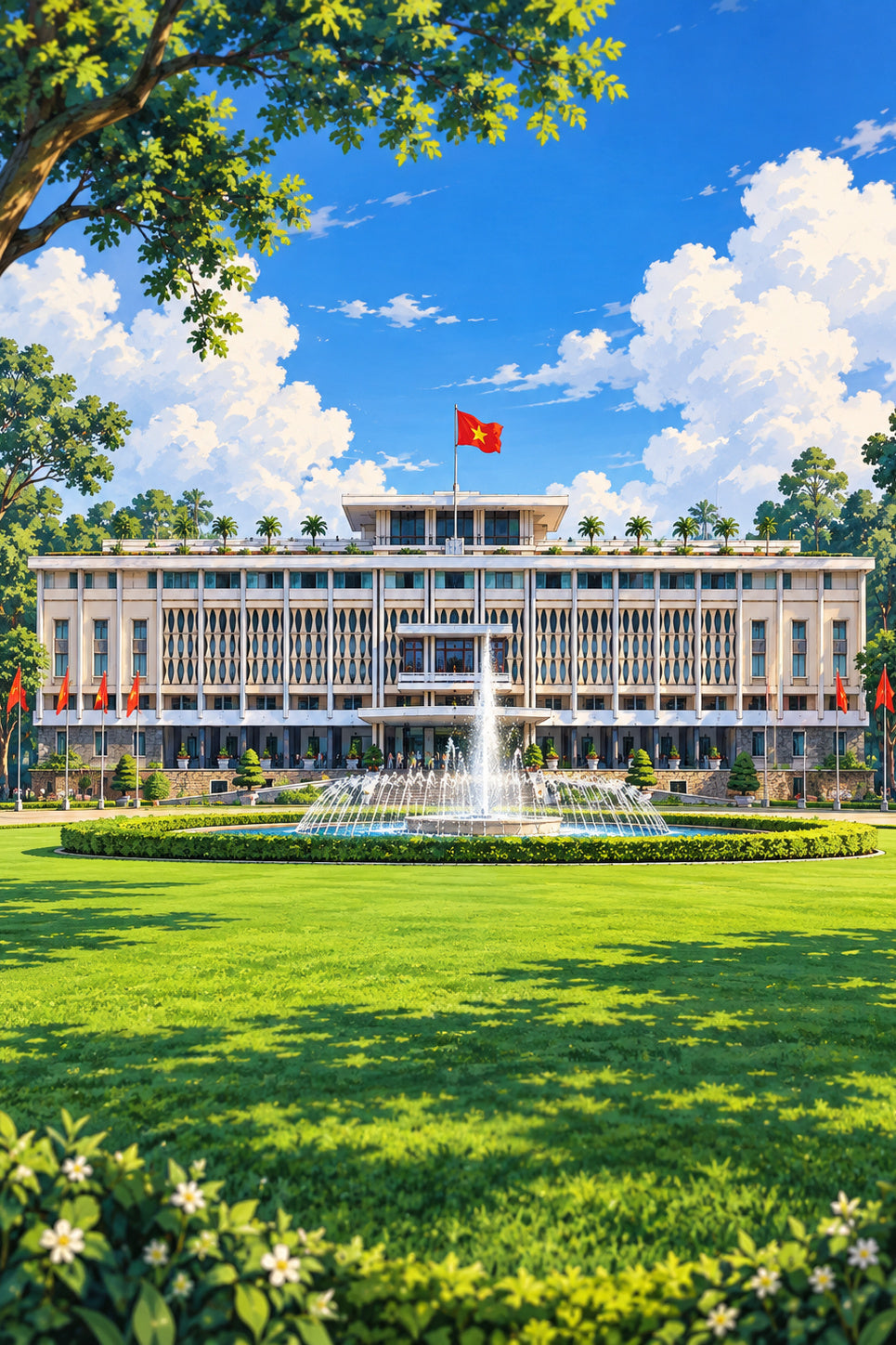 Independence Palace Saigon Vietnam – Historic Lawn & Fountain Anime Style Square Digital Wall Art