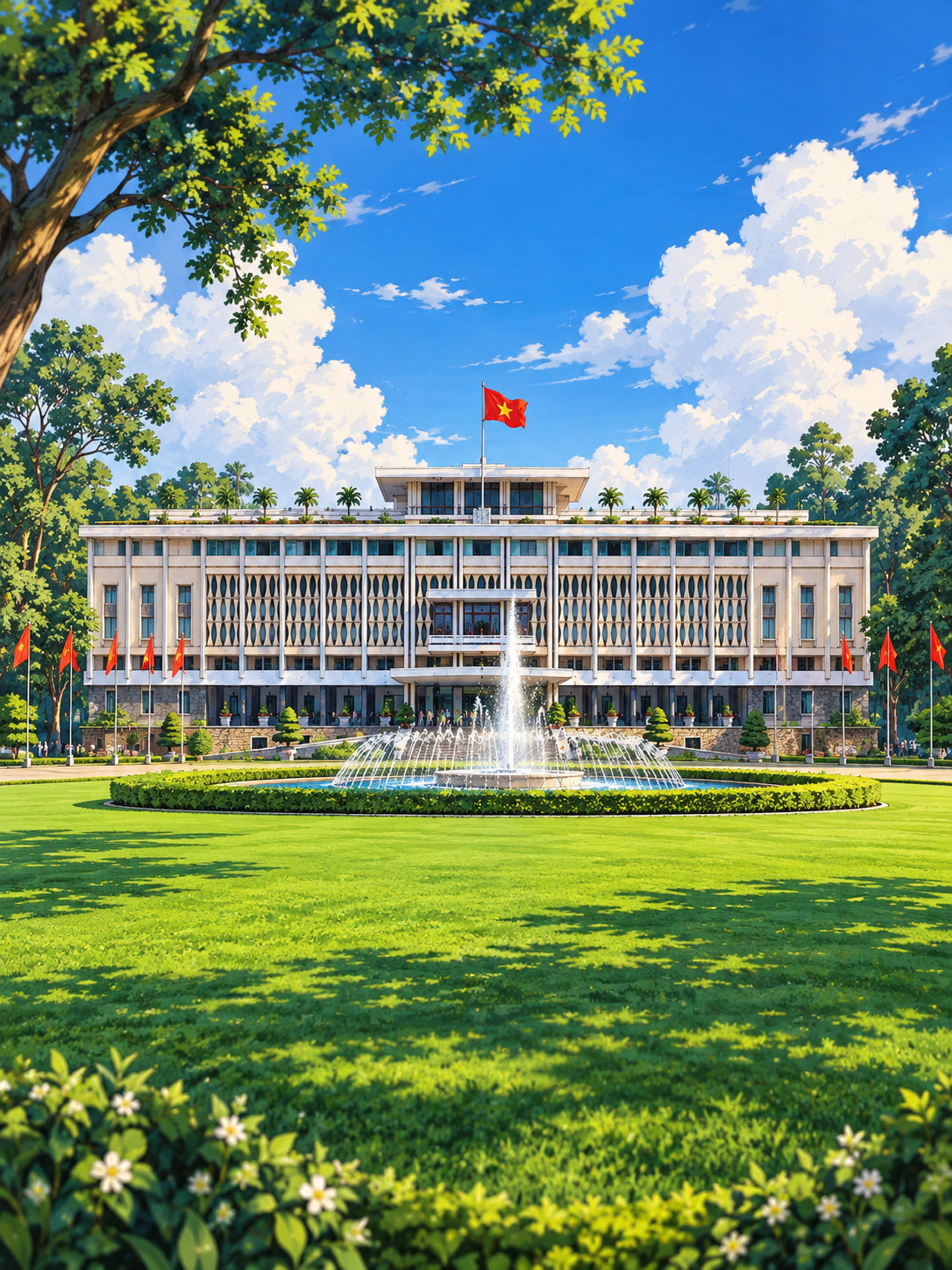 Independence Palace Saigon Vietnam – Historic Lawn & Fountain Anime Style Square Digital Wall Art