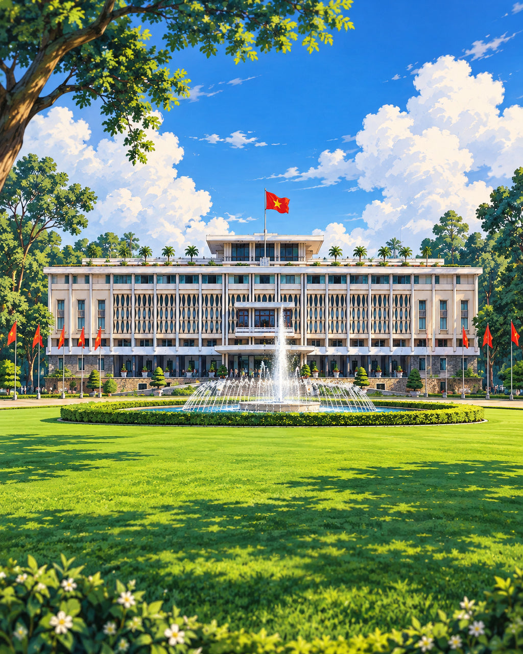 Independence Palace Saigon Vietnam – Historic Lawn & Fountain Anime Style Square Digital Wall Art
